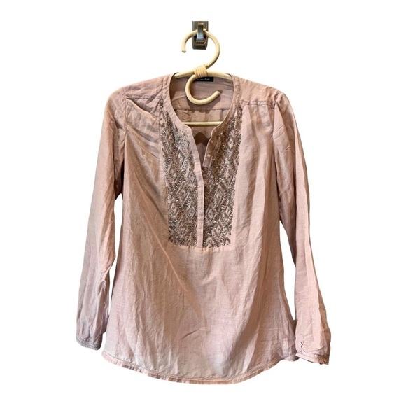 Massimo Dutti Silk Blend Taupe Beaded Split Neck Pullover Peasant Blouse XS - Picture 1 of 16
